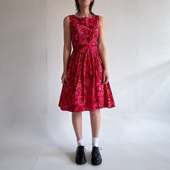 Vtg 90s Red Floral Sleeveless Pleated Cotton Dress Size 8 Retro 50's 60's Style - Picture 3 of 7